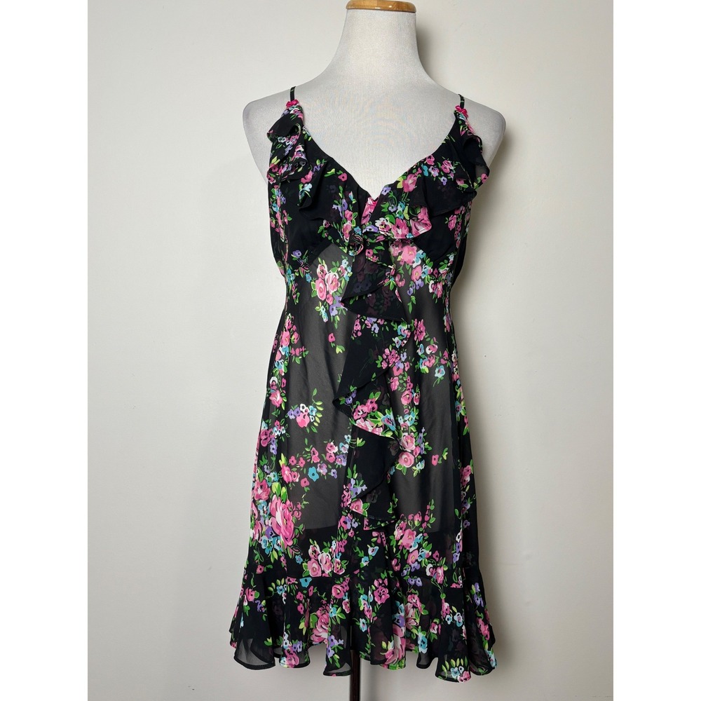 Betsey Johnson Sheer Babydoll Gown Mini Dress Large Dark Floral Fairy Whimsigoth